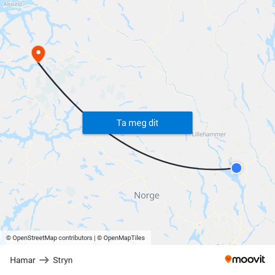 Hamar to Stryn map