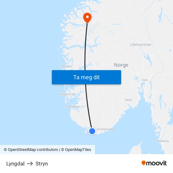 Lyngdal to Stryn map