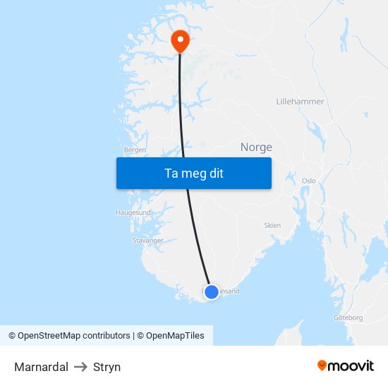 Marnardal to Stryn map