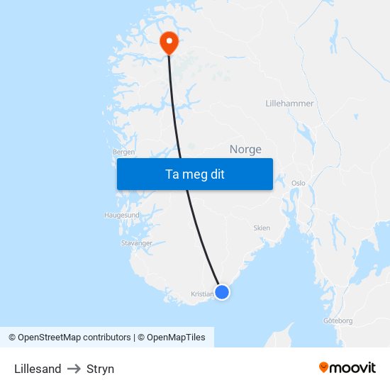 Lillesand to Stryn map