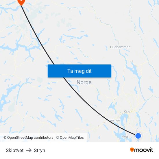 Skiptvet to Stryn map