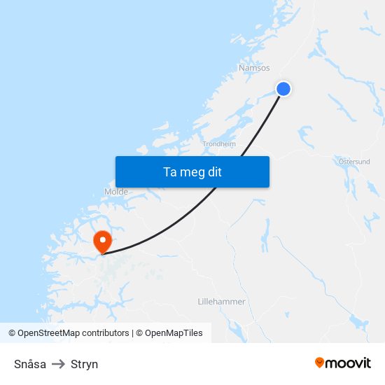 Snåsa to Stryn map