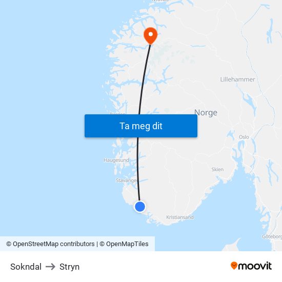 Sokndal to Stryn map