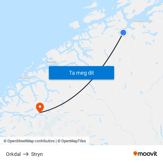 Orkdal to Stryn map