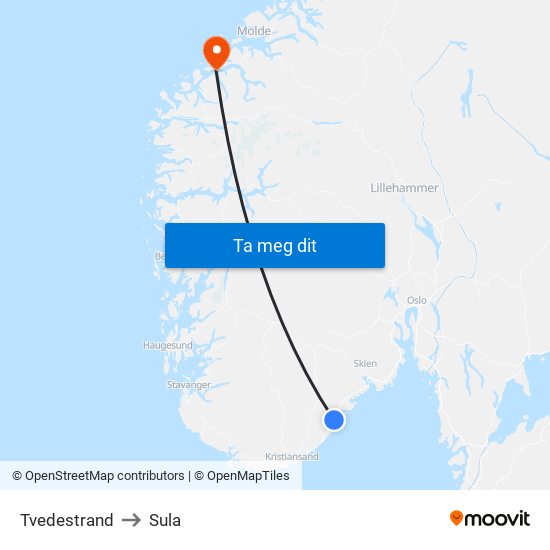 Tvedestrand to Sula map