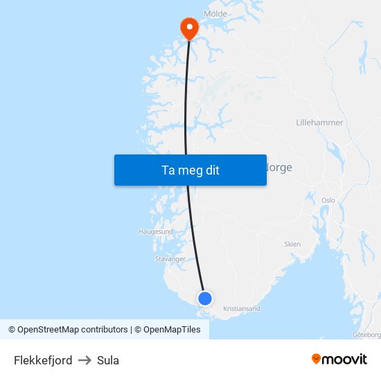 Flekkefjord to Sula map