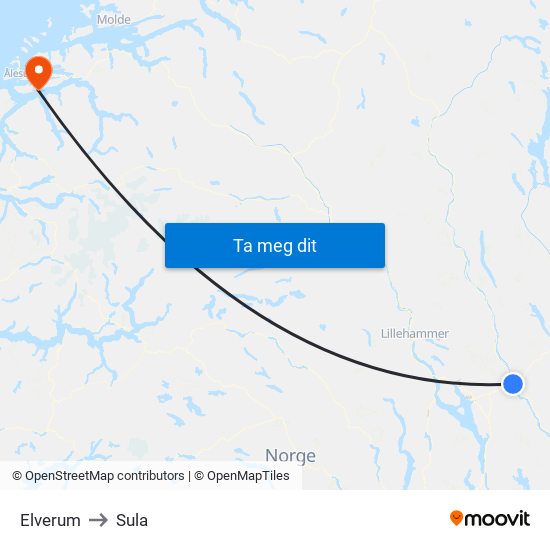 Elverum to Sula map