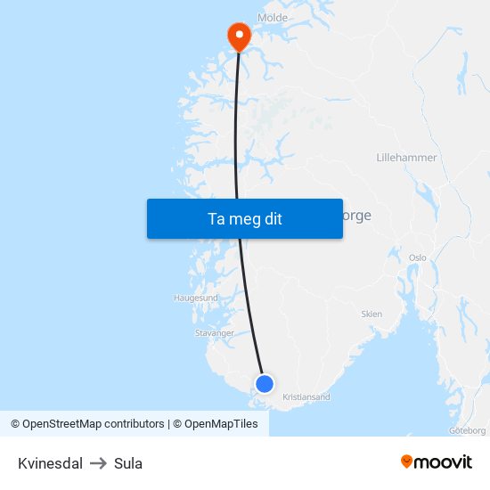 Kvinesdal to Sula map