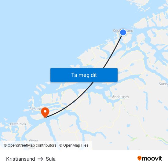 Kristiansund to Sula map