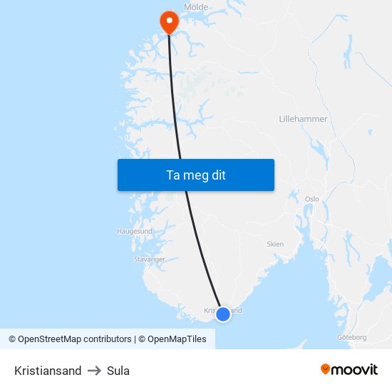 Kristiansand to Sula map