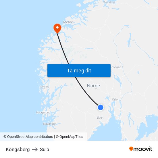 Kongsberg to Sula map