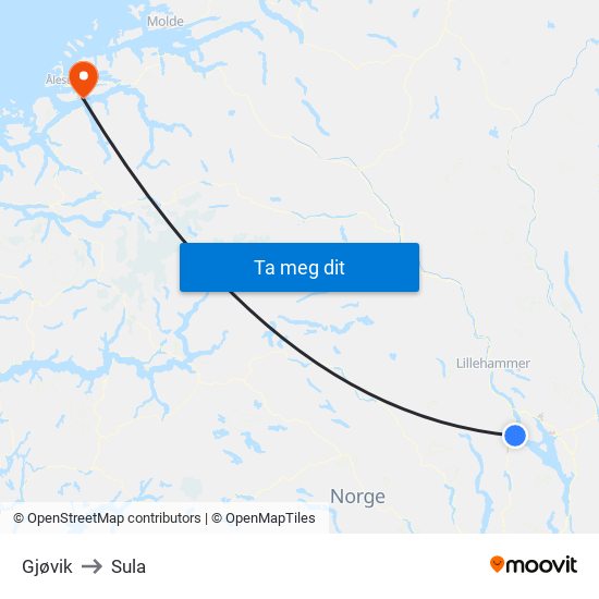 Gjøvik to Sula map