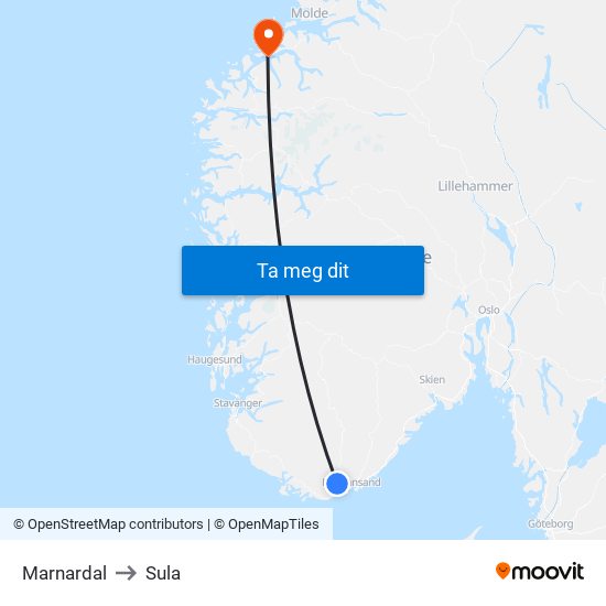 Marnardal to Sula map