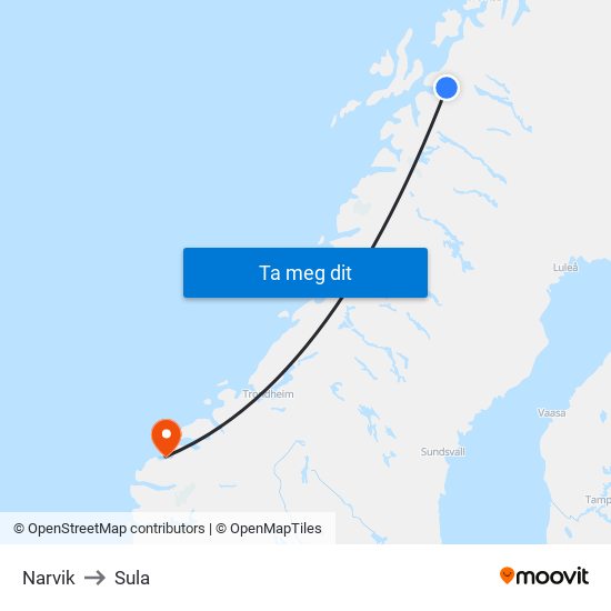 Narvik to Sula map