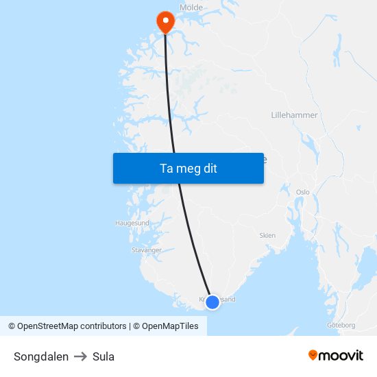 Songdalen to Sula map