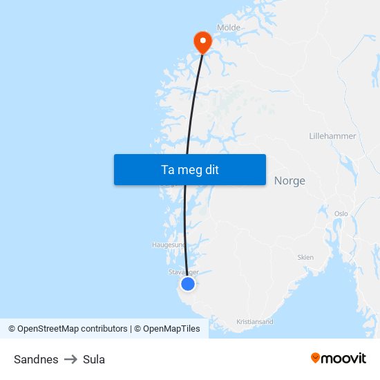 Sandnes to Sula map