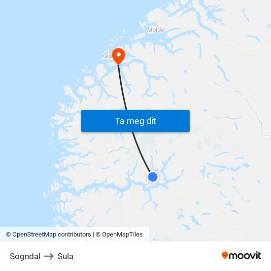 Sogndal to Sula map