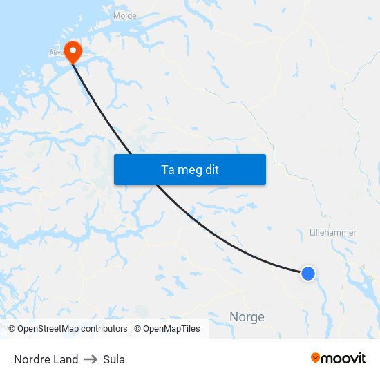 Nordre Land to Sula map