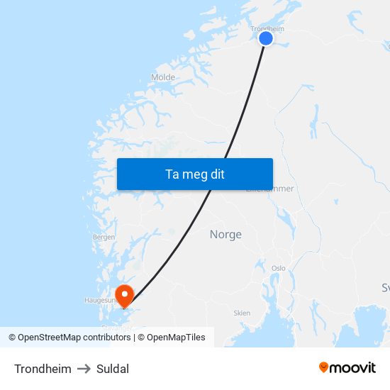 Trondheim to Suldal map