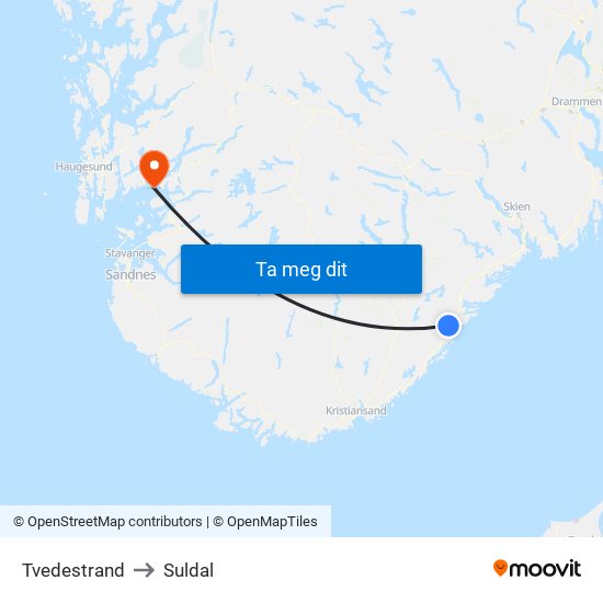 Tvedestrand to Suldal map