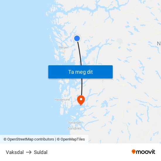 Vaksdal to Suldal map