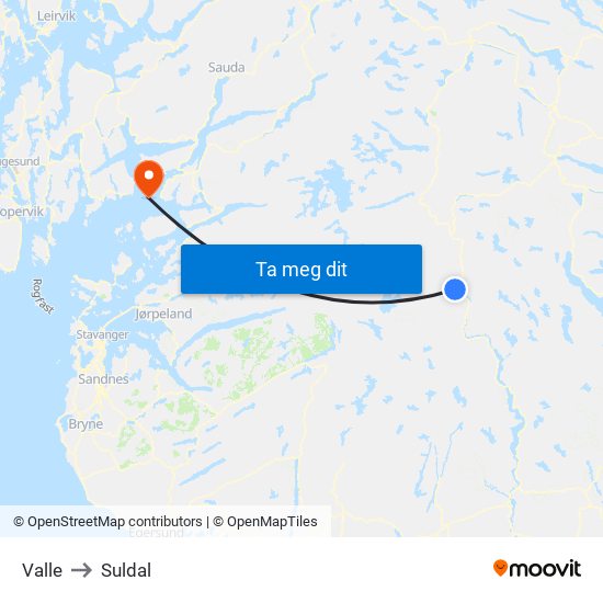 Valle to Suldal map