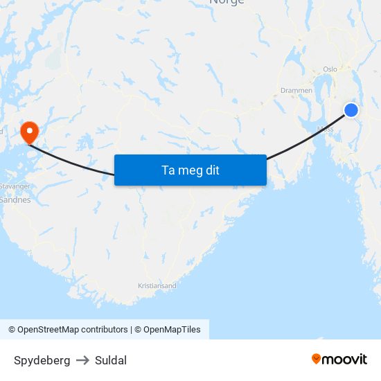 Spydeberg to Suldal map