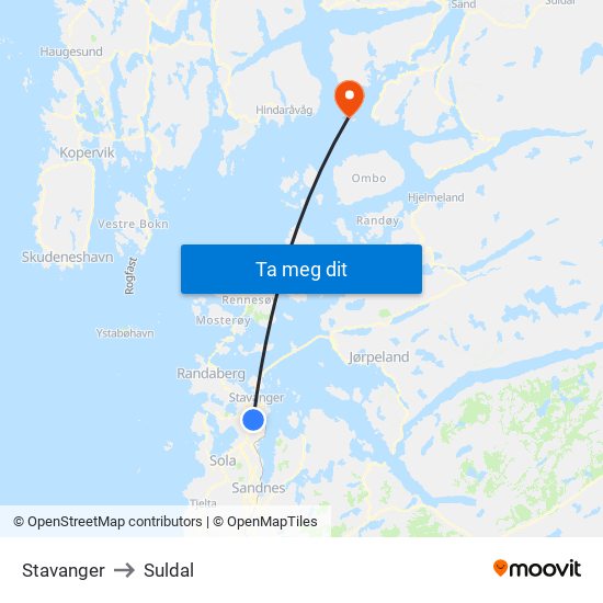 Stavanger to Suldal map