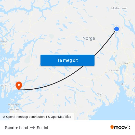 Søndre Land to Suldal map