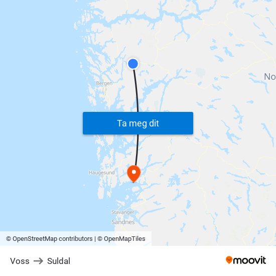 Voss to Suldal map