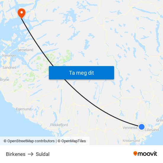 Birkenes to Suldal map