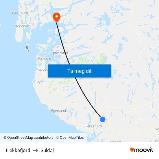 Flekkefjord to Suldal map