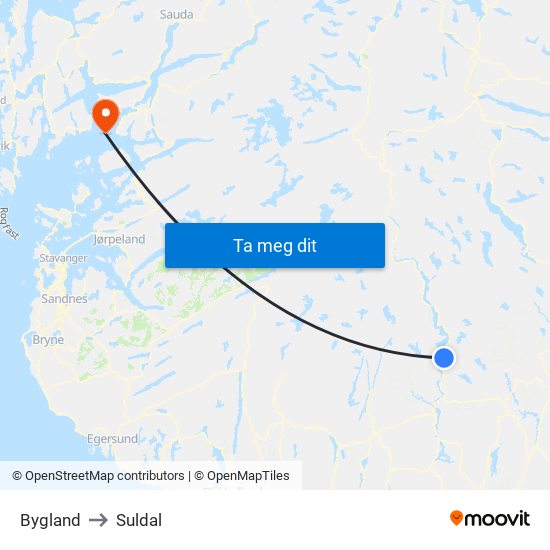 Bygland to Suldal map