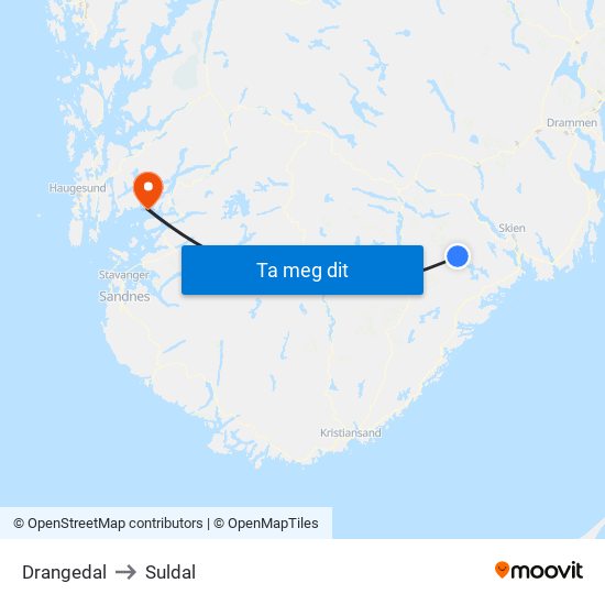 Drangedal to Suldal map