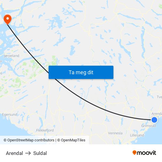 Arendal to Suldal map