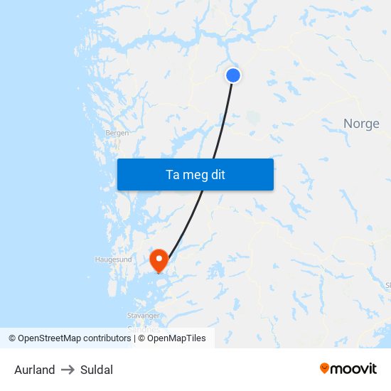 Aurland to Suldal map