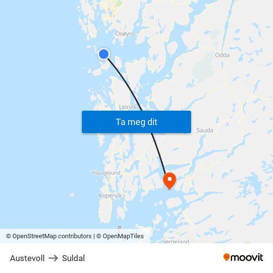 Austevoll to Suldal map