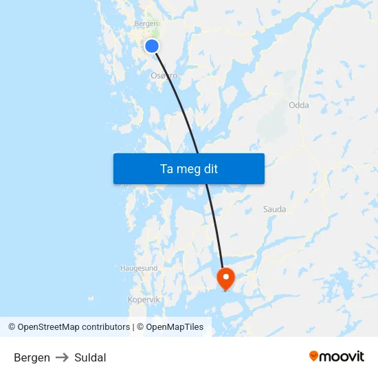 Bergen to Suldal map
