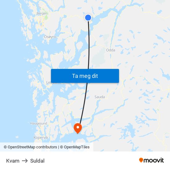 Kvam to Suldal map