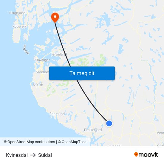 Kvinesdal to Suldal map