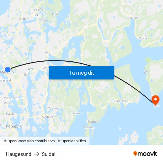 Haugesund to Suldal map