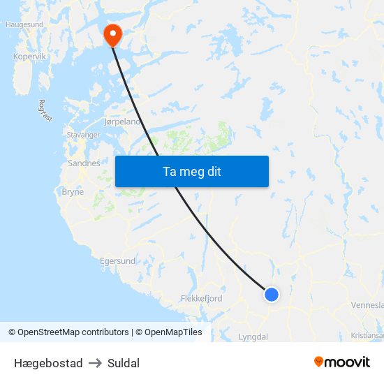 Hægebostad to Suldal map