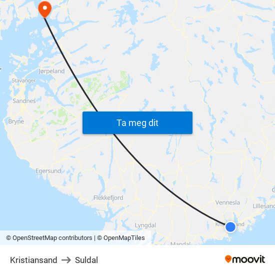 Kristiansand to Suldal map