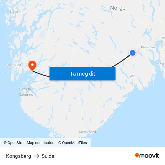 Kongsberg to Suldal map