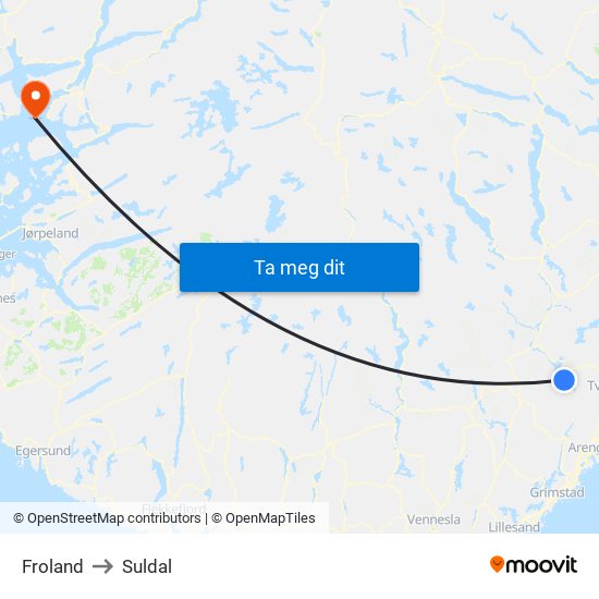 Froland to Suldal map