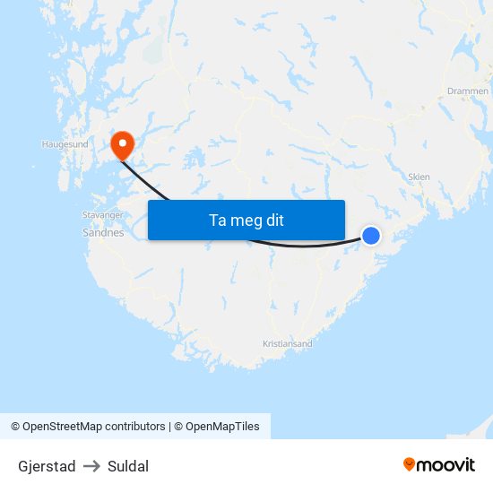 Gjerstad to Suldal map