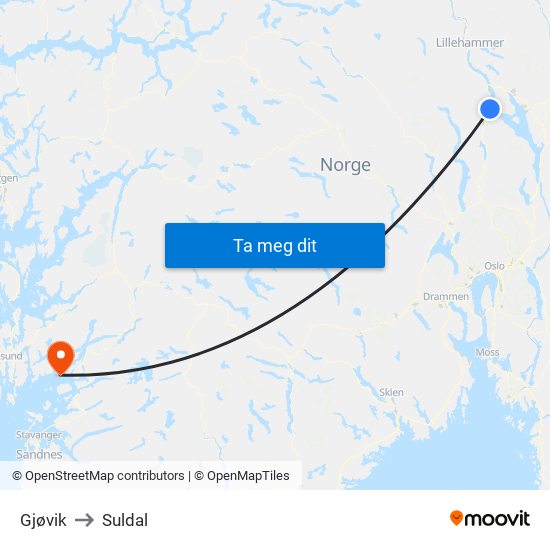 Gjøvik to Suldal map
