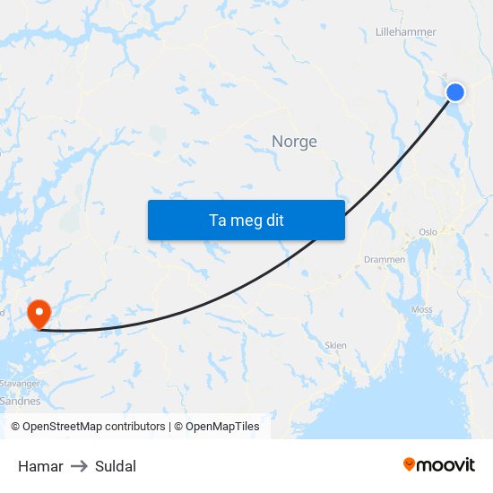 Hamar to Suldal map