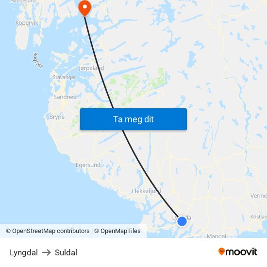 Lyngdal to Suldal map