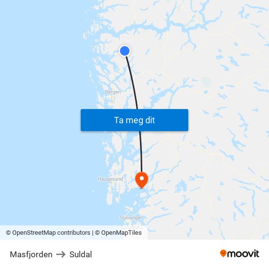 Masfjorden to Suldal map